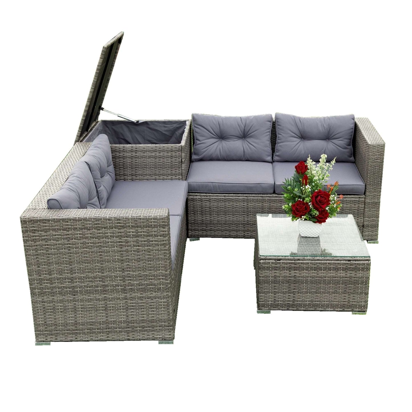 4 Piece Patio Sectional Wicker Rattan Outdoor Furniture Sofa Set with Storage Box Grey - Free Shipping - Aurelia Clothing