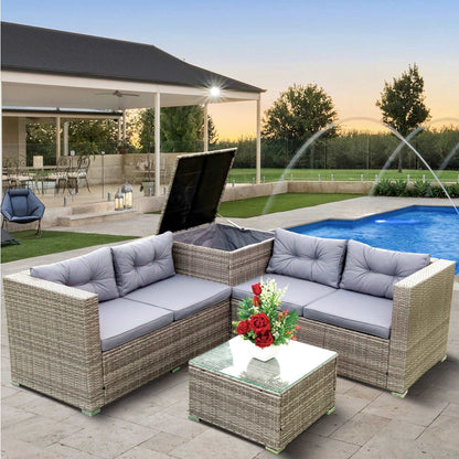 4 Piece Patio Sectional Wicker Rattan Outdoor Furniture Sofa Set with Storage Box Grey - Free Shipping - Aurelia Clothing