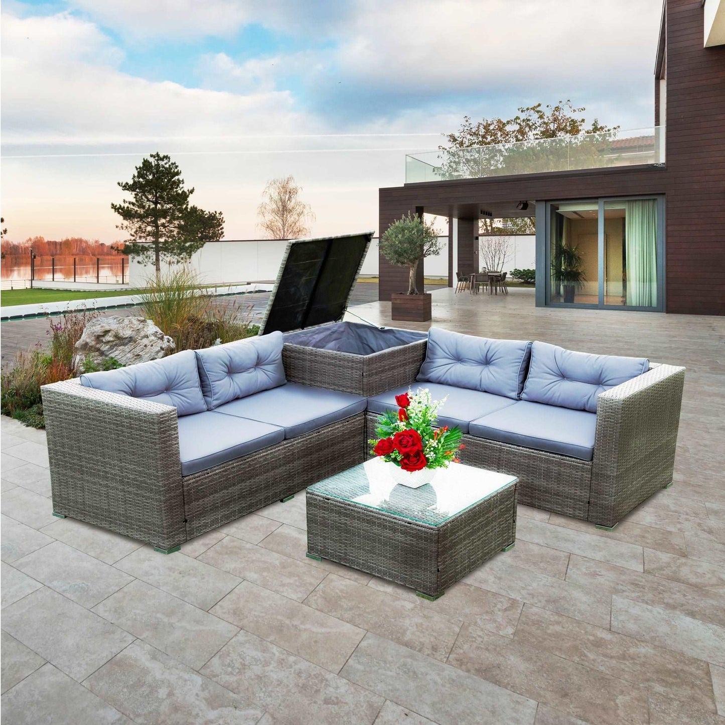 4 Piece Patio Sectional Wicker Rattan Outdoor Furniture Sofa Set with Storage Box Grey - Free Shipping - Aurelia Clothing