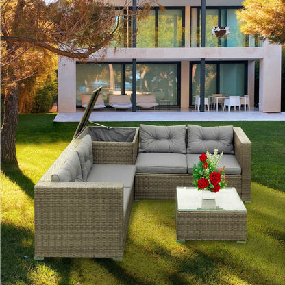 4 Piece Patio Sectional Wicker Rattan Outdoor Furniture Sofa Set with Storage Box Grey - Free Shipping - Aurelia Clothing