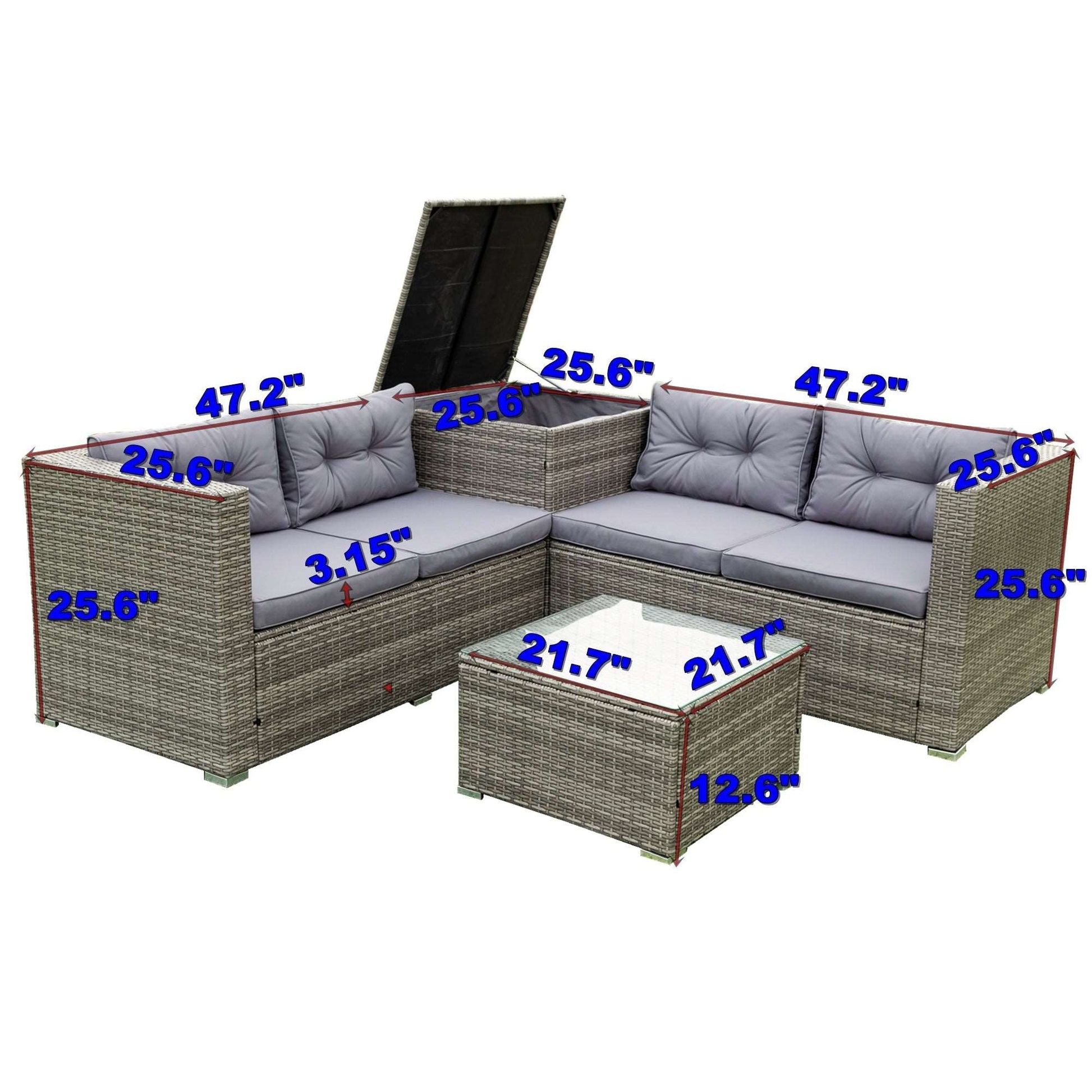 4 Piece Patio Sectional Wicker Rattan Outdoor Furniture Sofa Set with Storage Box Grey - Free Shipping - Aurelia Clothing