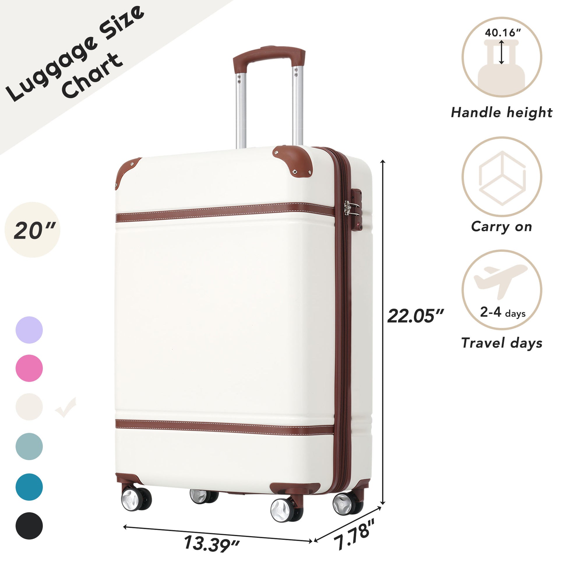 20 IN Luggage 1 Piece with TSA lock , Lightweight Suitcase Spinner Wheels,Carry on Vintage Luggage,White - Free Shipping - Aurelia Clothing