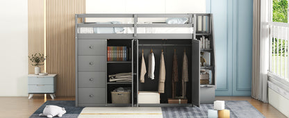 Full Size Wood Loft Bed With Built-in Wardrobes, Cabinets and Drawers, Gray - Free Shipping - Aurelia Clothing