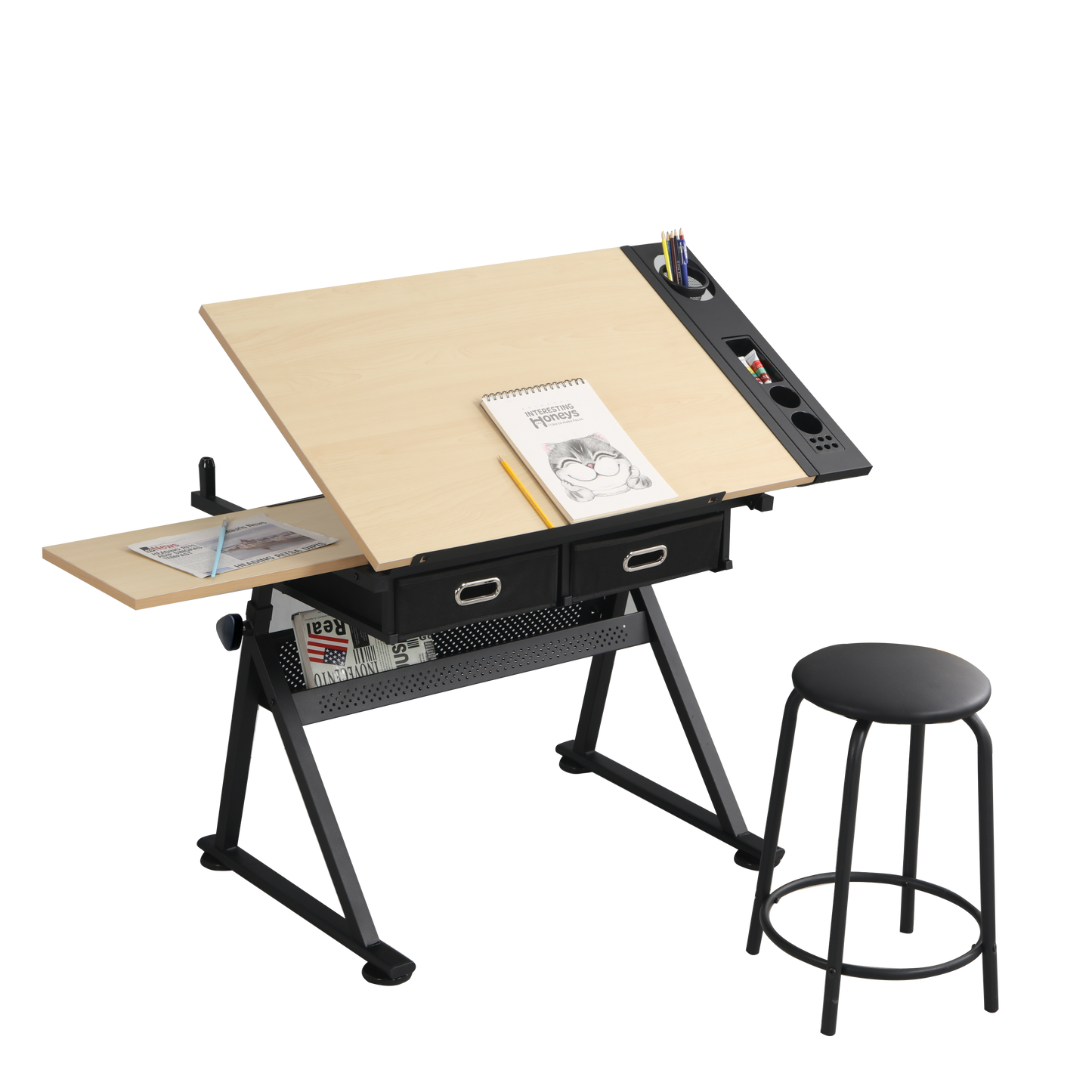 adjustable drawing drafting table desk with 2 drawers for home office and school with stool(wood) - Free Shipping - Aurelia Clothing