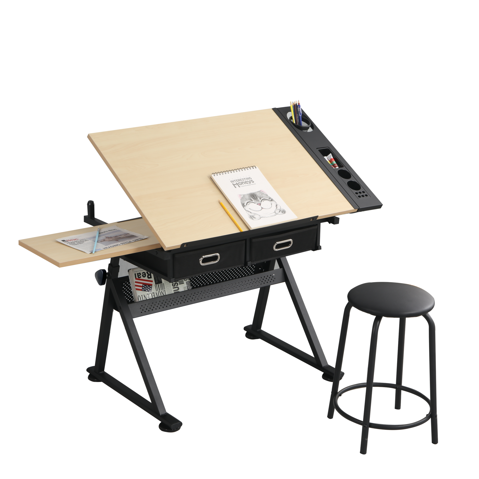 adjustable drawing drafting table desk with 2 drawers for home office and school with stool(wood) - Free Shipping - Aurelia Clothing