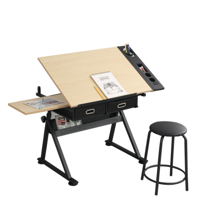 adjustable drawing drafting table desk with 2 drawers for home office and school with stool(wood) - Free Shipping - Aurelia Clothing