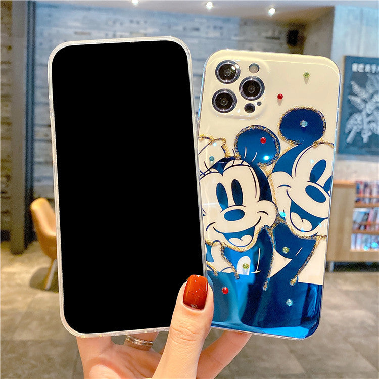 Blue light black-and-white Mickey is suitable for iPhone 12 / 11promax mobile phone case with flash drill and glue dropping - Free Shipping - Aurelia Clothing