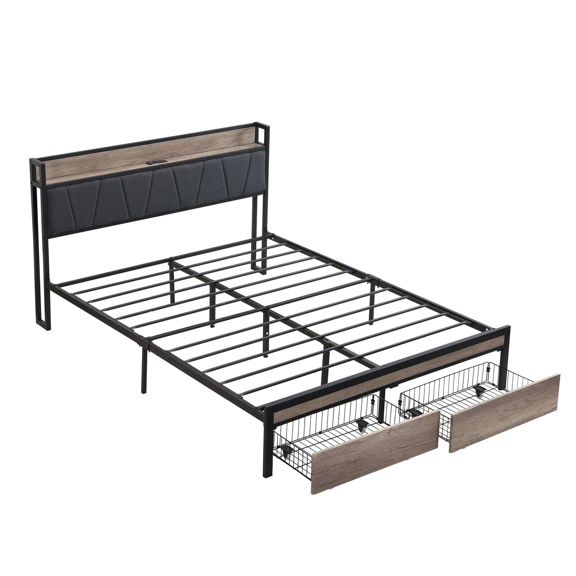 Queen Size  Metal Platform Bed Frame with upholstery storage function Headboard   and USB LINER  and Footboard with drawers , No Box Spring Needed, Large Under Bed Storage, Easy Assemble - Fr - Aurelia Clothing