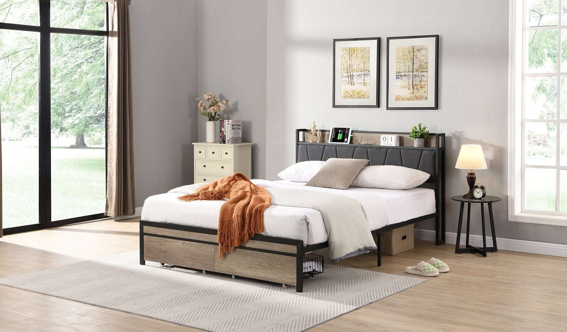 Queen Size  Metal Platform Bed Frame with upholstery storage function Headboard   and USB LINER  and Footboard with drawers , No Box Spring Needed, Large Under Bed Storage, Easy Assemble - Fr - Aurelia Clothing