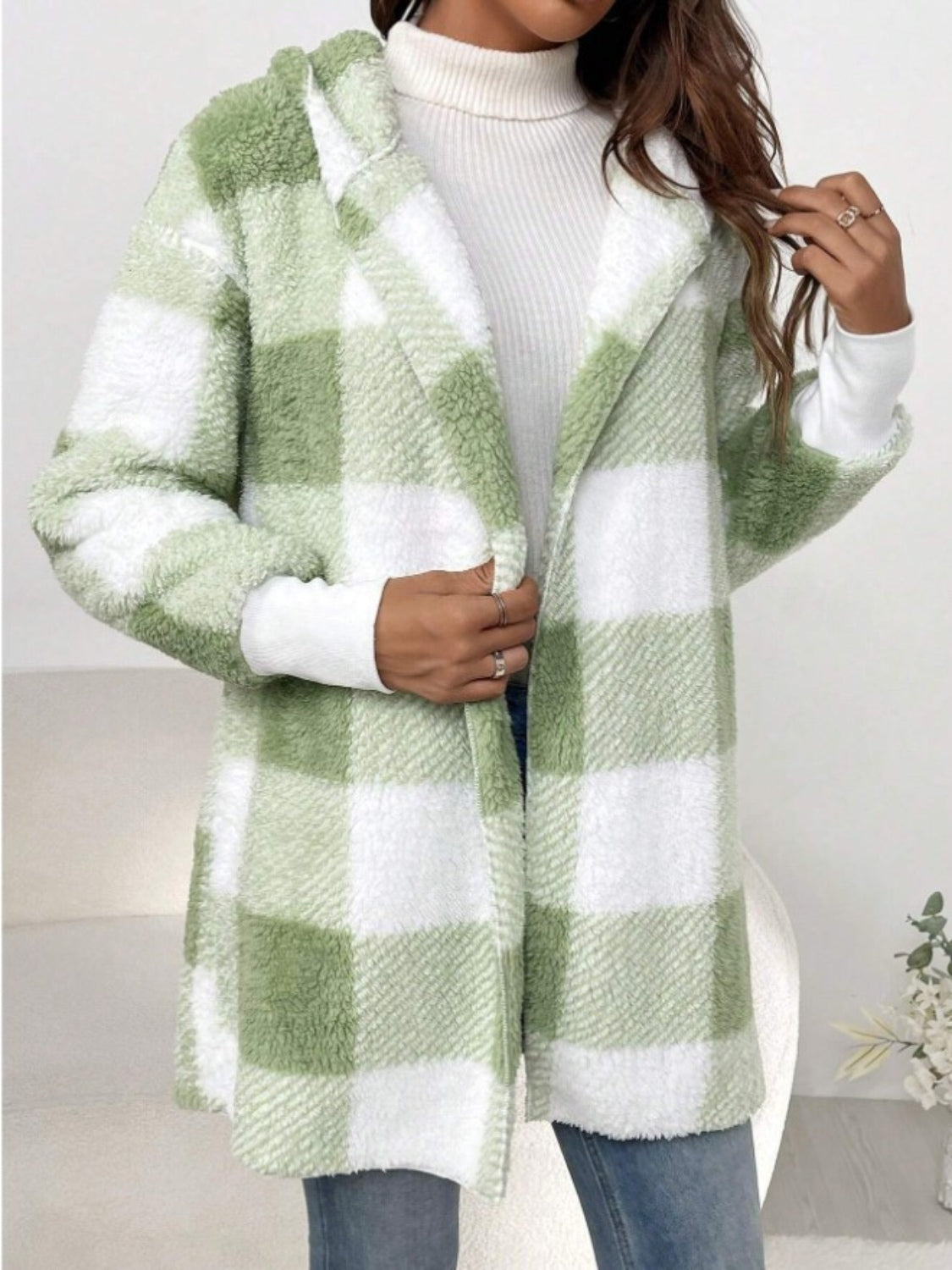 Plaid Long Sleeve Hooded Coat - Aurelia Clothing