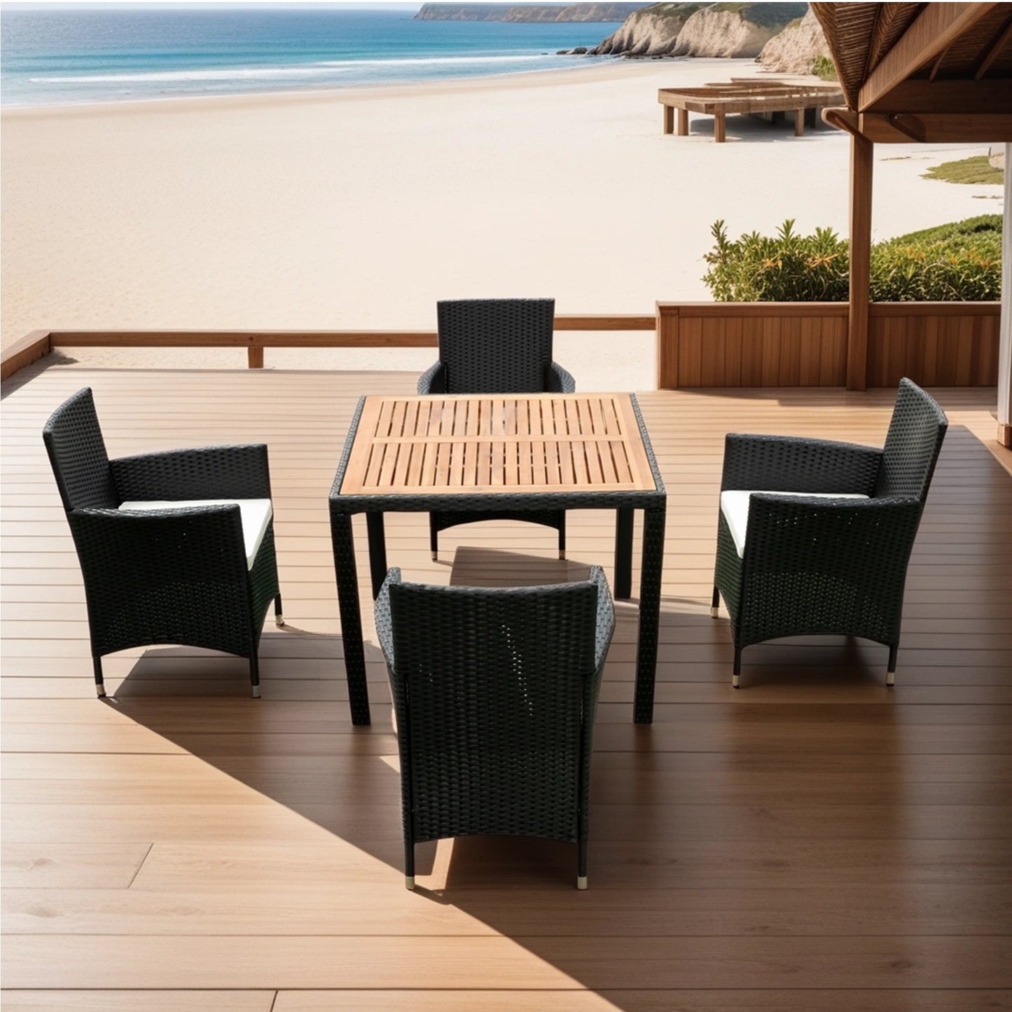 EELIFEE 5 piece Outdoor Patio Wicker Dining Set Patio Wicker Furniture Dining Set w/Acacia Wood Top Black Wicker + Creme Cushion - Free Shipping - Aurelia Clothing