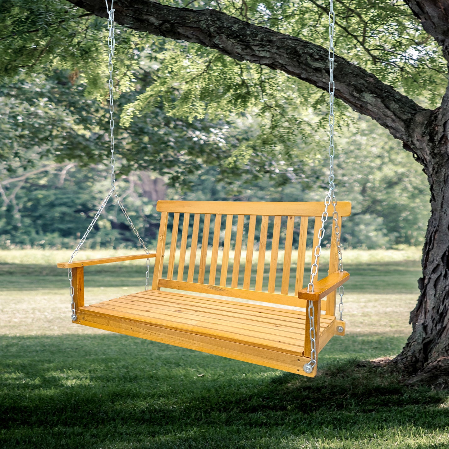 Front Porch Swing with Armrests, Wood Bench Swing with Hanging Chains,for Outdoor Patio ,Garden Yard, porch, backyard,  or sunroom,Easy to Assemble,teak - Free Shipping - Aurelia Clothing