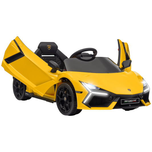 Qaba Lamborghini Revuelto Licensed 12V Kids Electric Car, Battery Powered Ride on Car with Hydraulic Doors, Remote Control, Transport Wheels, Spring Suspension, Music, Lights, 3 Speeds, Yello - Aurelia Clothing