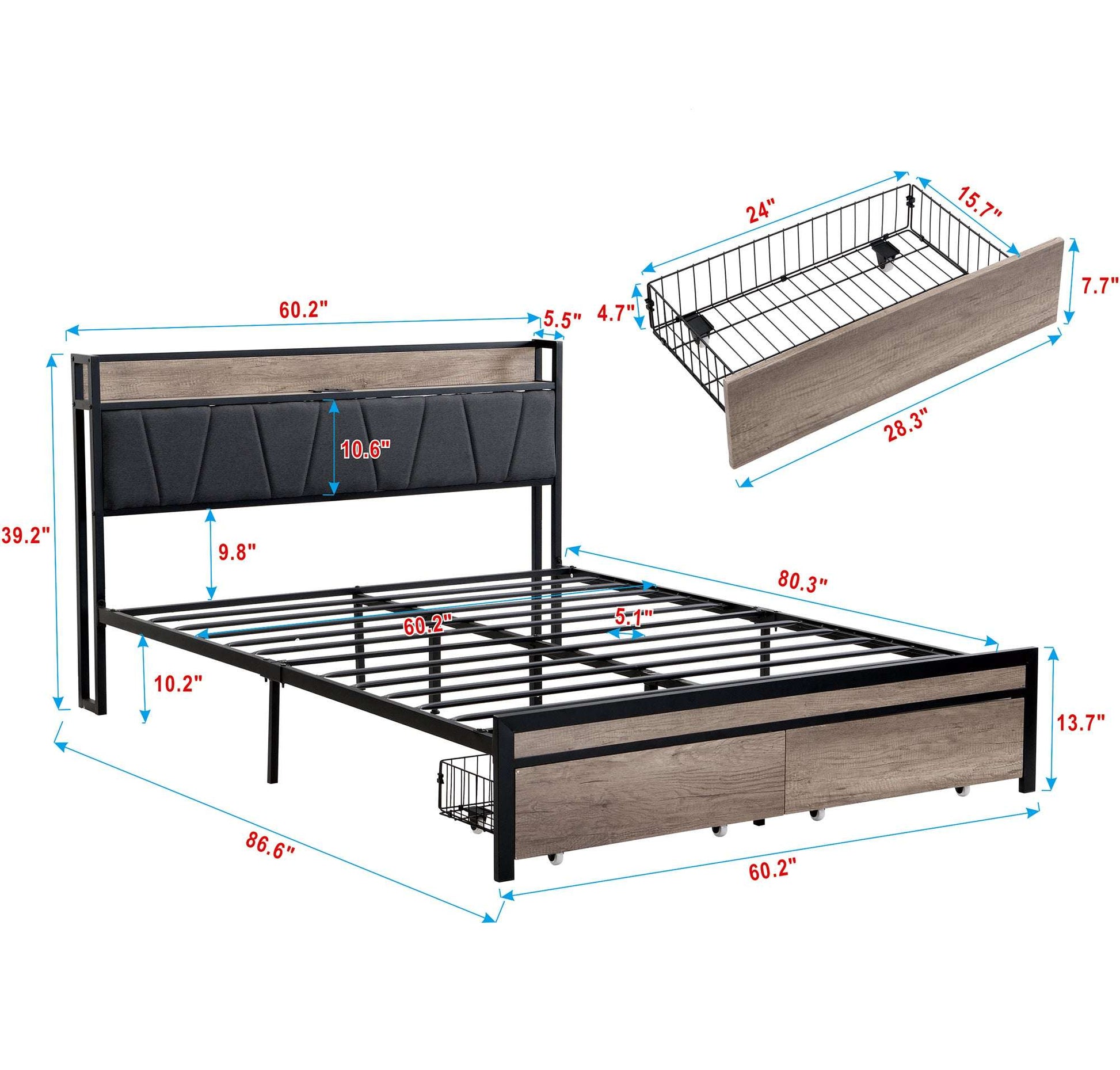 Queen Size  Metal Platform Bed Frame with upholstery storage function Headboard   and USB LINER  and Footboard with drawers , No Box Spring Needed, Large Under Bed Storage, Easy Assemble - Fr - Aurelia Clothing