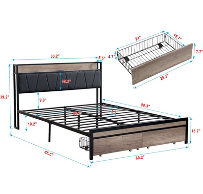 Queen Size  Metal Platform Bed Frame with upholstery storage function Headboard   and USB LINER  and Footboard with drawers , No Box Spring Needed, Large Under Bed Storage, Easy Assemble - Fr - Aurelia Clothing