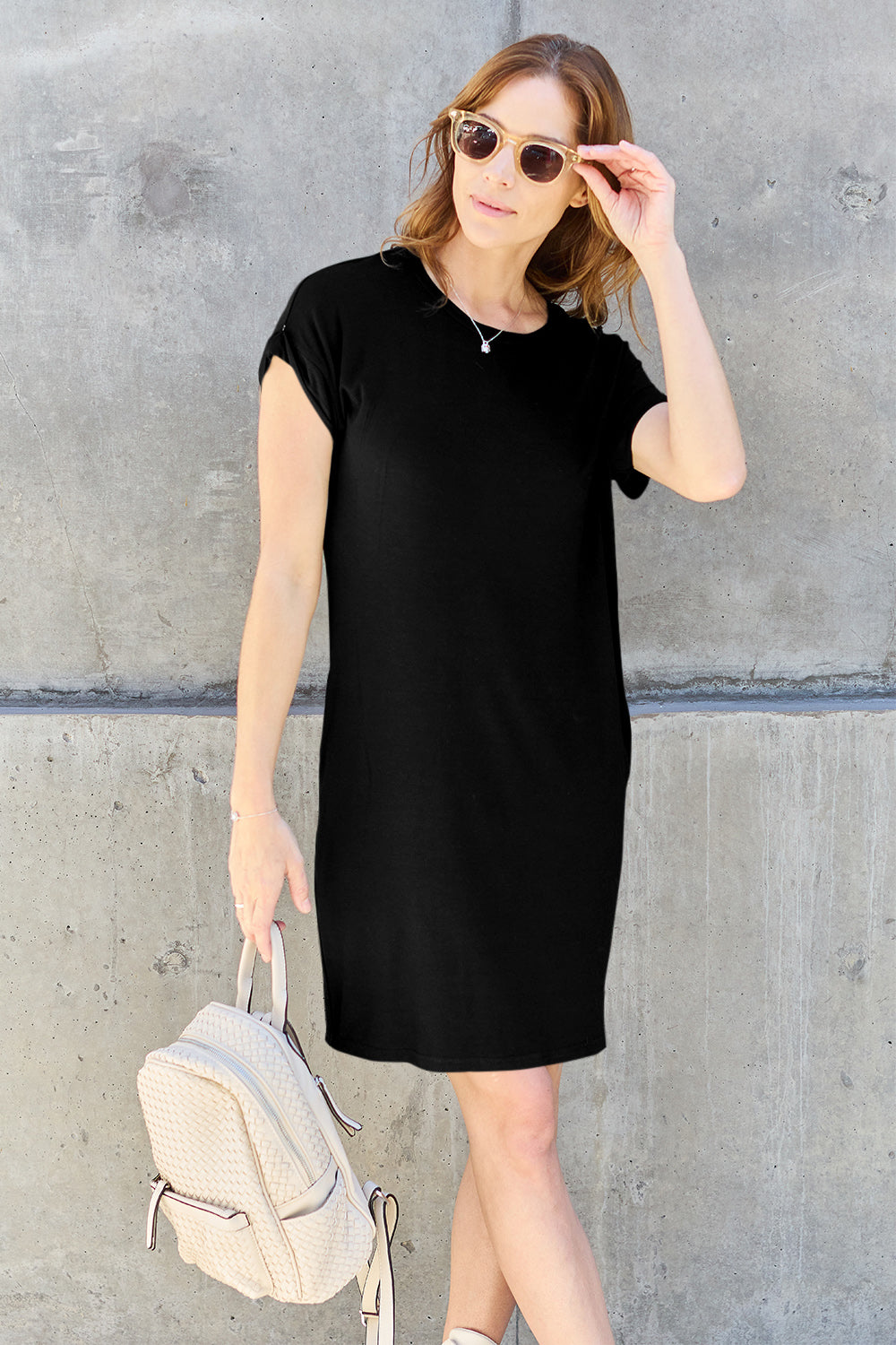 Basic Bae Bamboo Full Size Round Neck Short Sleeve Dress with Pockets - Free Shipping - Aurelia Clothing