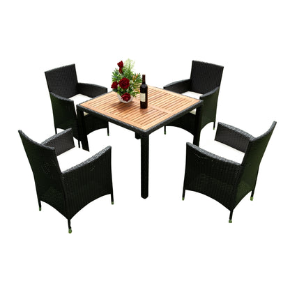 EELIFEE 5 piece Outdoor Patio Wicker Dining Set Patio Wicker Furniture Dining Set w/Acacia Wood Top Black Wicker + Creme Cushion - Free Shipping - Aurelia Clothing