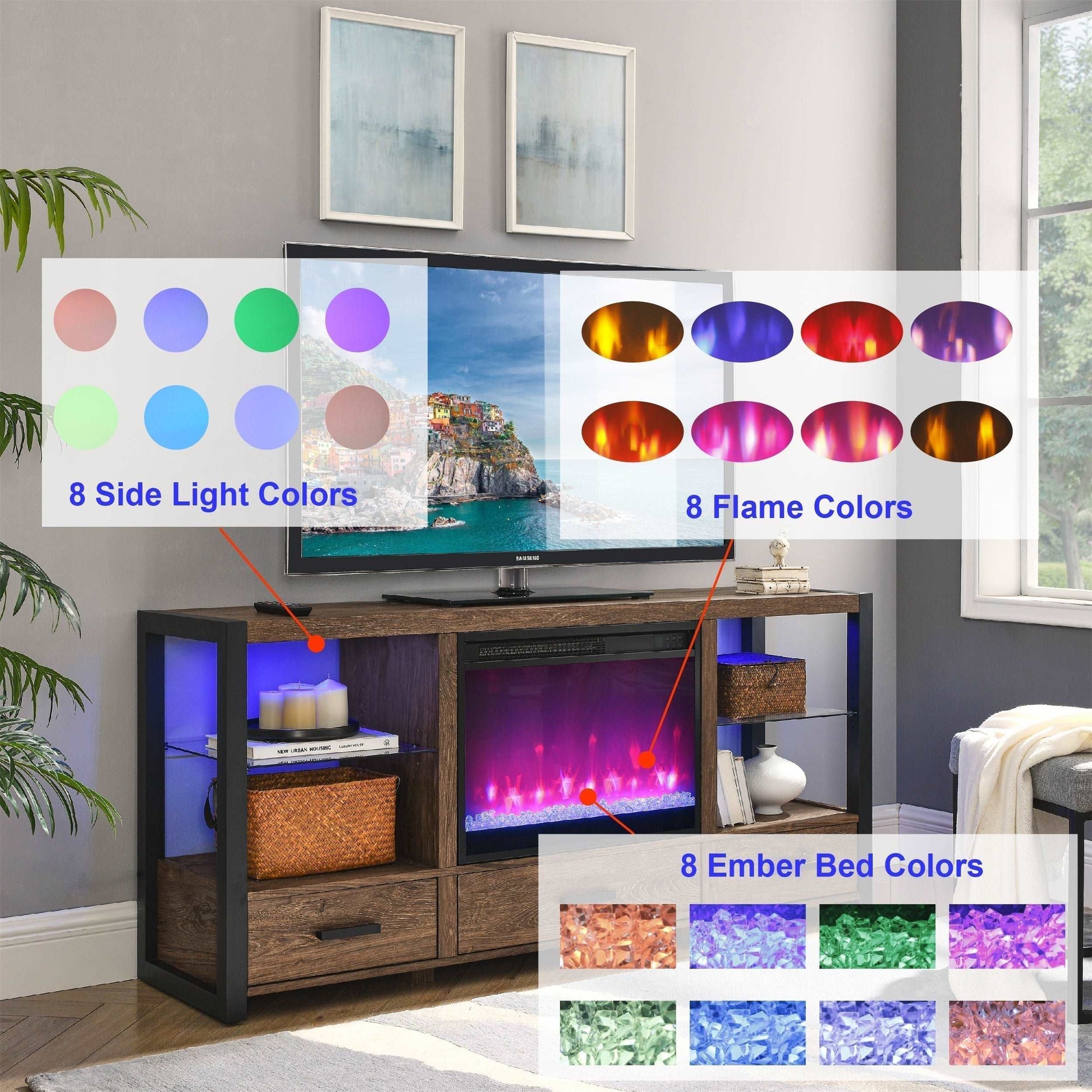 60 inch Electric Fireplace Media TV Stand With Sync Colorful LED Lights-Reclaimed Barnwood Color - Free Shipping - Aurelia Clothing