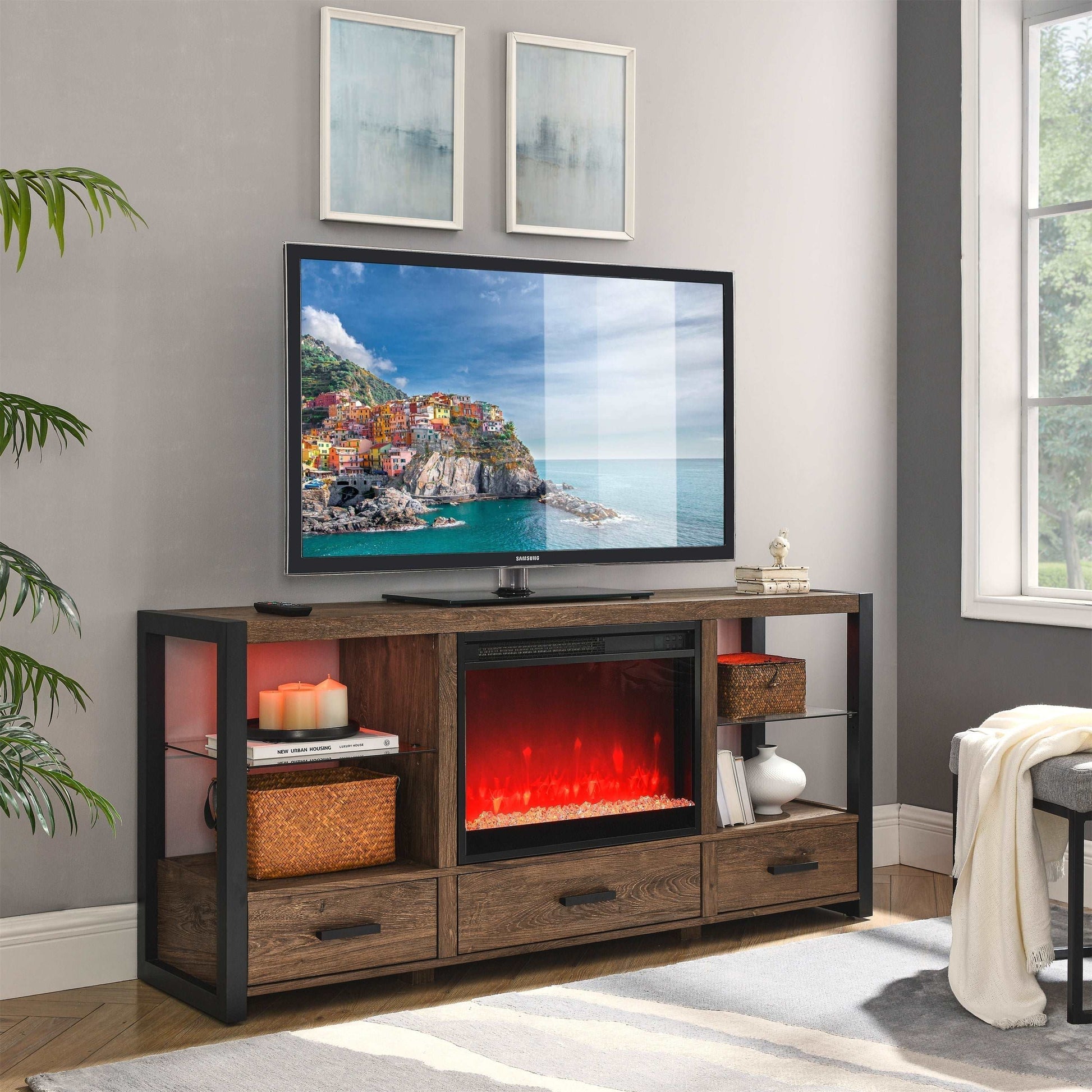 60 inch Electric Fireplace Media TV Stand With Sync Colorful LED Lights-Reclaimed Barnwood Color - Free Shipping - Aurelia Clothing