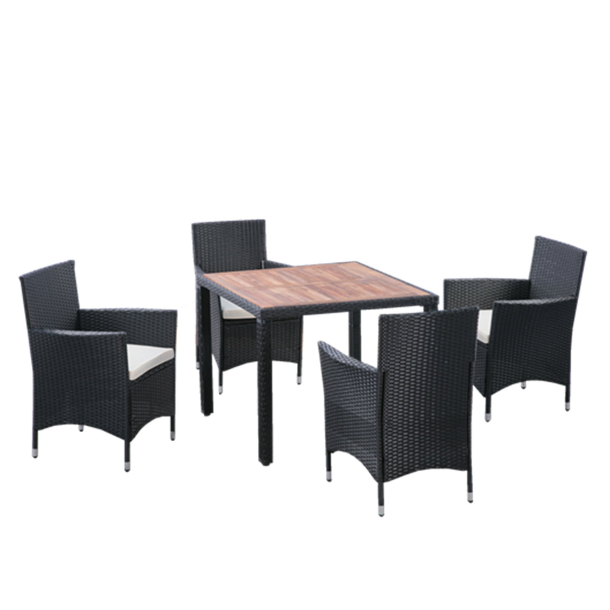 EELIFEE 5 piece Outdoor Patio Wicker Dining Set Patio Wicker Furniture Dining Set w/Acacia Wood Top Black Wicker + Creme Cushion - Free Shipping - Aurelia Clothing