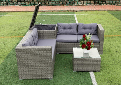 4 Piece Patio Sectional Wicker Rattan Outdoor Furniture Sofa Set with Storage Box Grey - Free Shipping - Aurelia Clothing