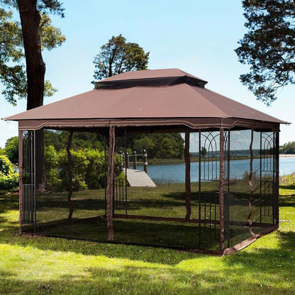 13x10 Outdoor Patio Gazebo Canopy Tent With Ventilated Double Roof And Mosquito net(Detachable Mesh Screen On All Sides),Suitable for Lawn, Garden, Backyard and Deck,Brown Top - Free Shipping - Aurelia Clothing