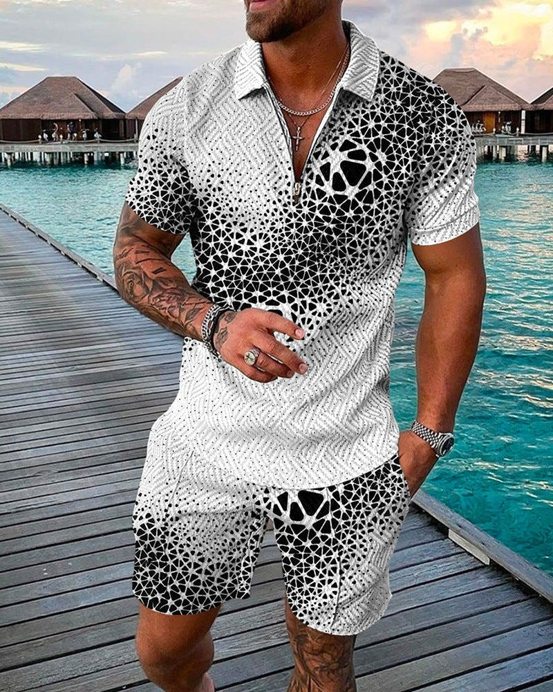 New Men's Fashion Casual Suit 3D Print Zip Short Sleeve Polo Shirt Shorts 2 Piece Set - Free Shipping - Aurelia Clothing