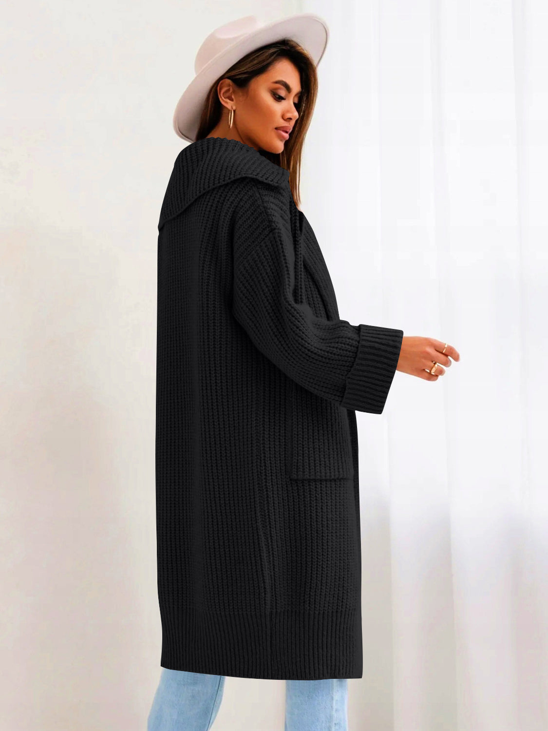 Pocketed Collared Neck Dropped Shoulder Cardigan - Aurelia Clothing