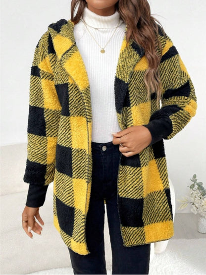 Plaid Long Sleeve Hooded Coat - Aurelia Clothing