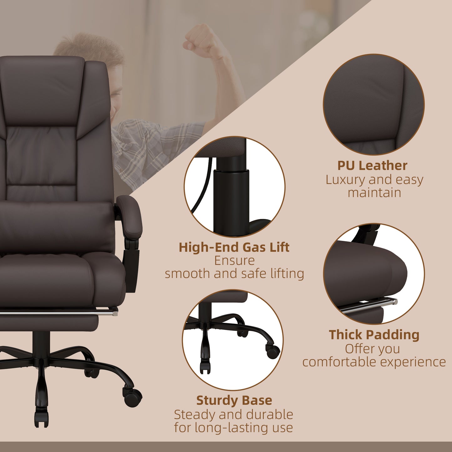 High Back Vibration Massage Office Chair with 6 Points, Hight Adjustable Computer Desk Chair, Reclining Office Chair with Retractable Footrest and Remote, Brown - Free Shipping - Aurelia Clothing