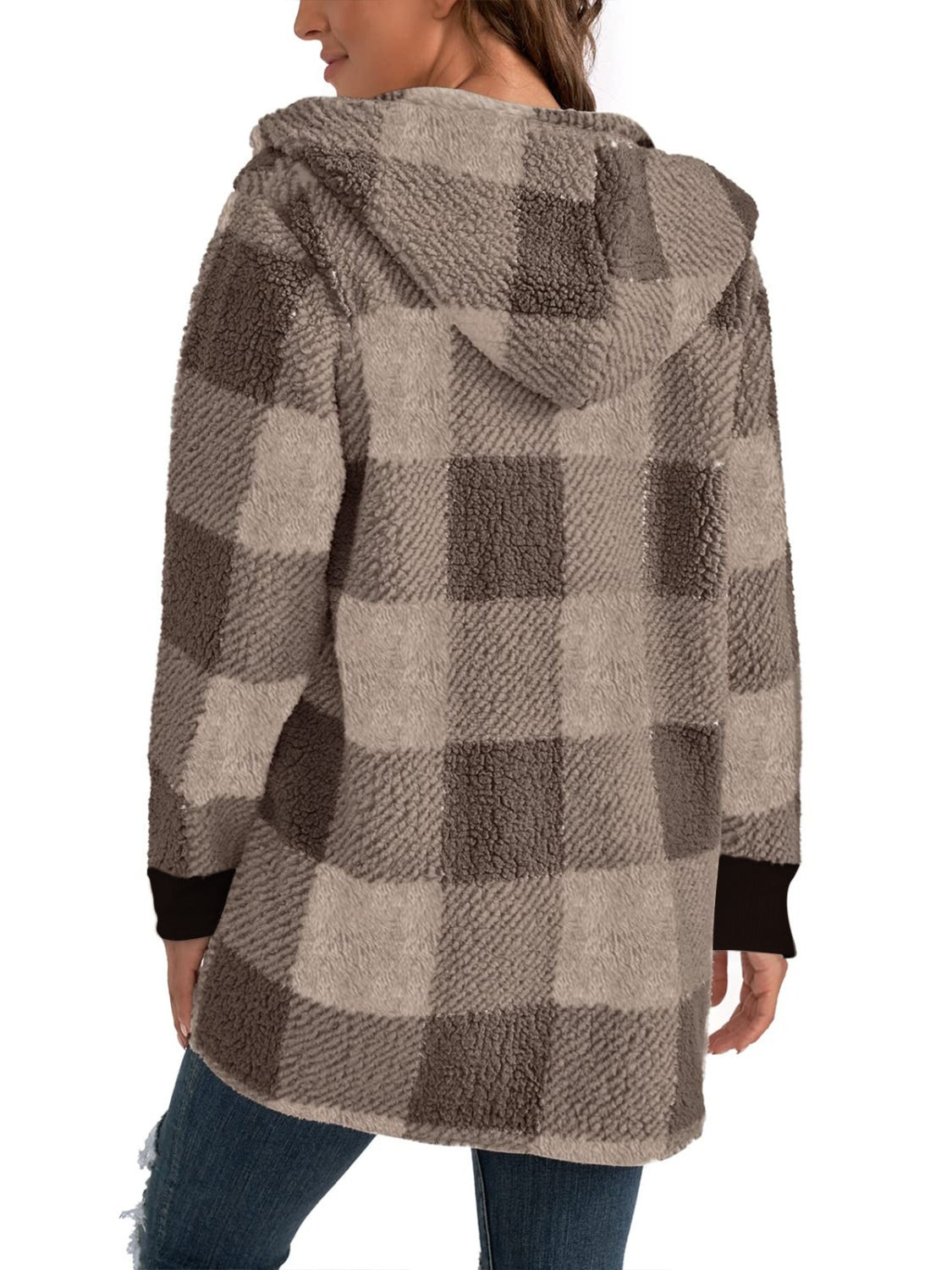 Plaid Long Sleeve Hooded Coat - Aurelia Clothing