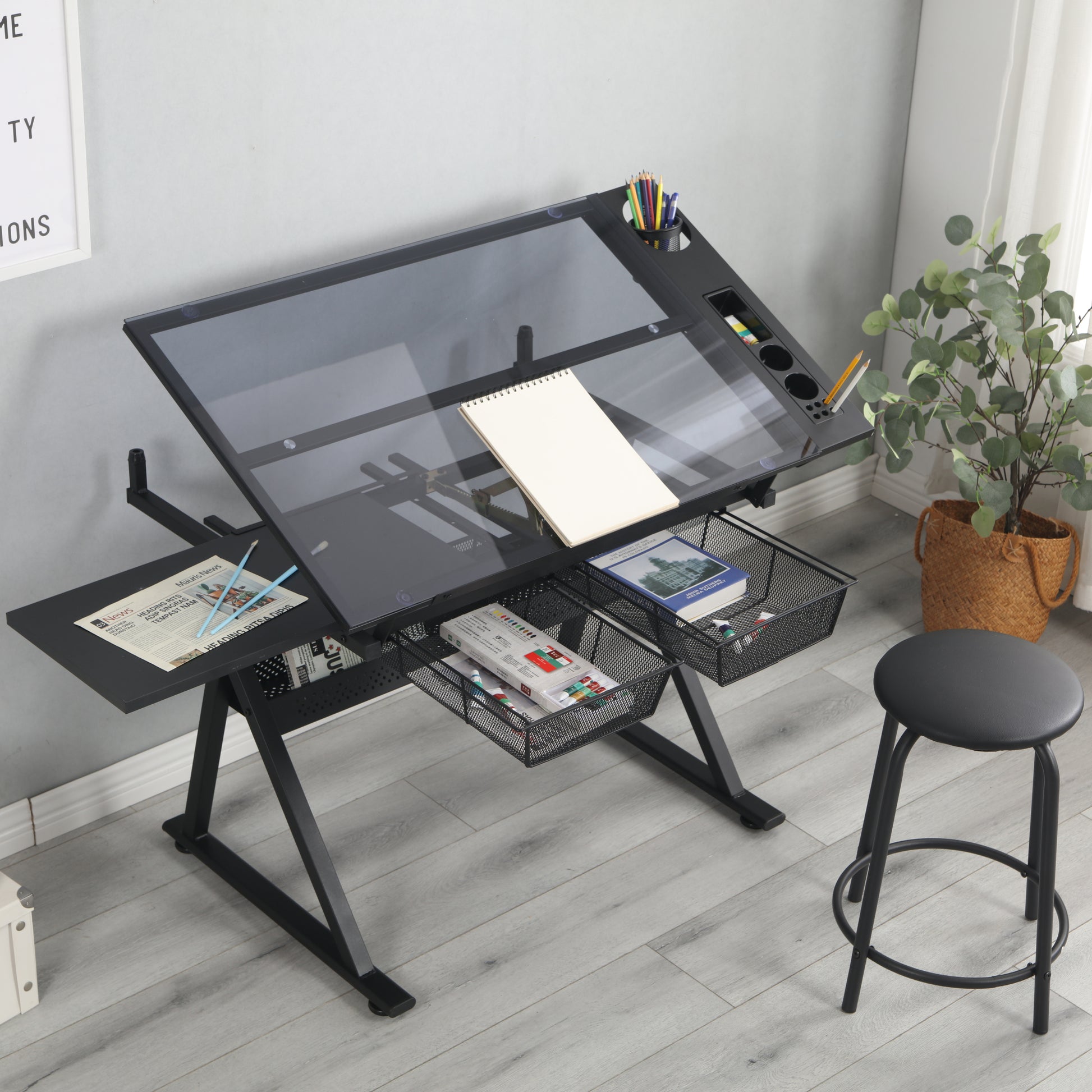 black adjustable tempered glass drafting printing table with chair - Free Shipping - Aurelia Clothing