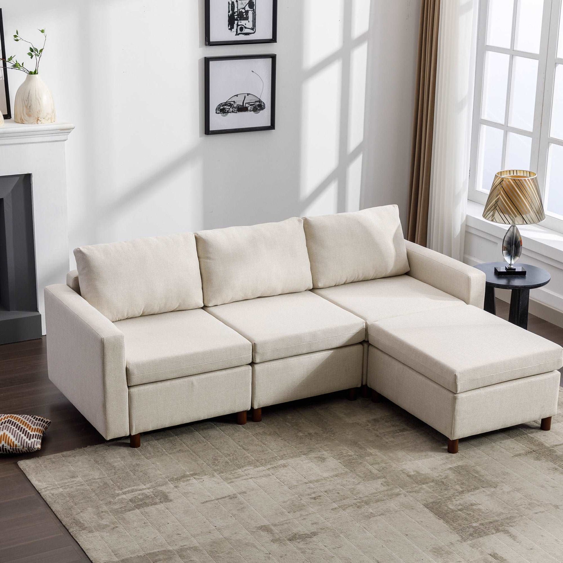 3 Seat Module Sectional Sofa Couch With 1 Ottoman for living room,Seat Cushion and Back Cushion Non-Removable and Non-Washable,Cream - Free Shipping - Aurelia Clothing