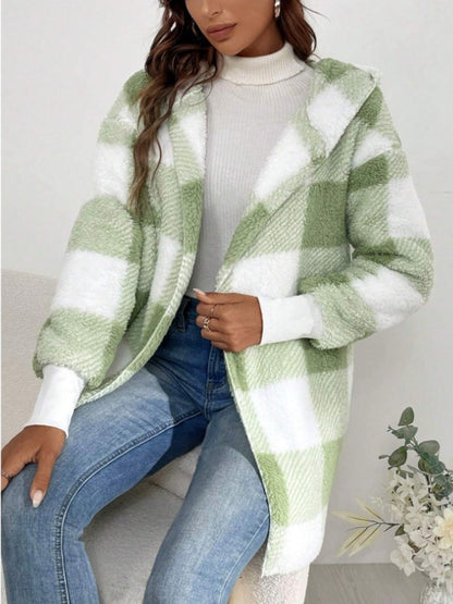 Plaid Long Sleeve Hooded Coat - Aurelia Clothing