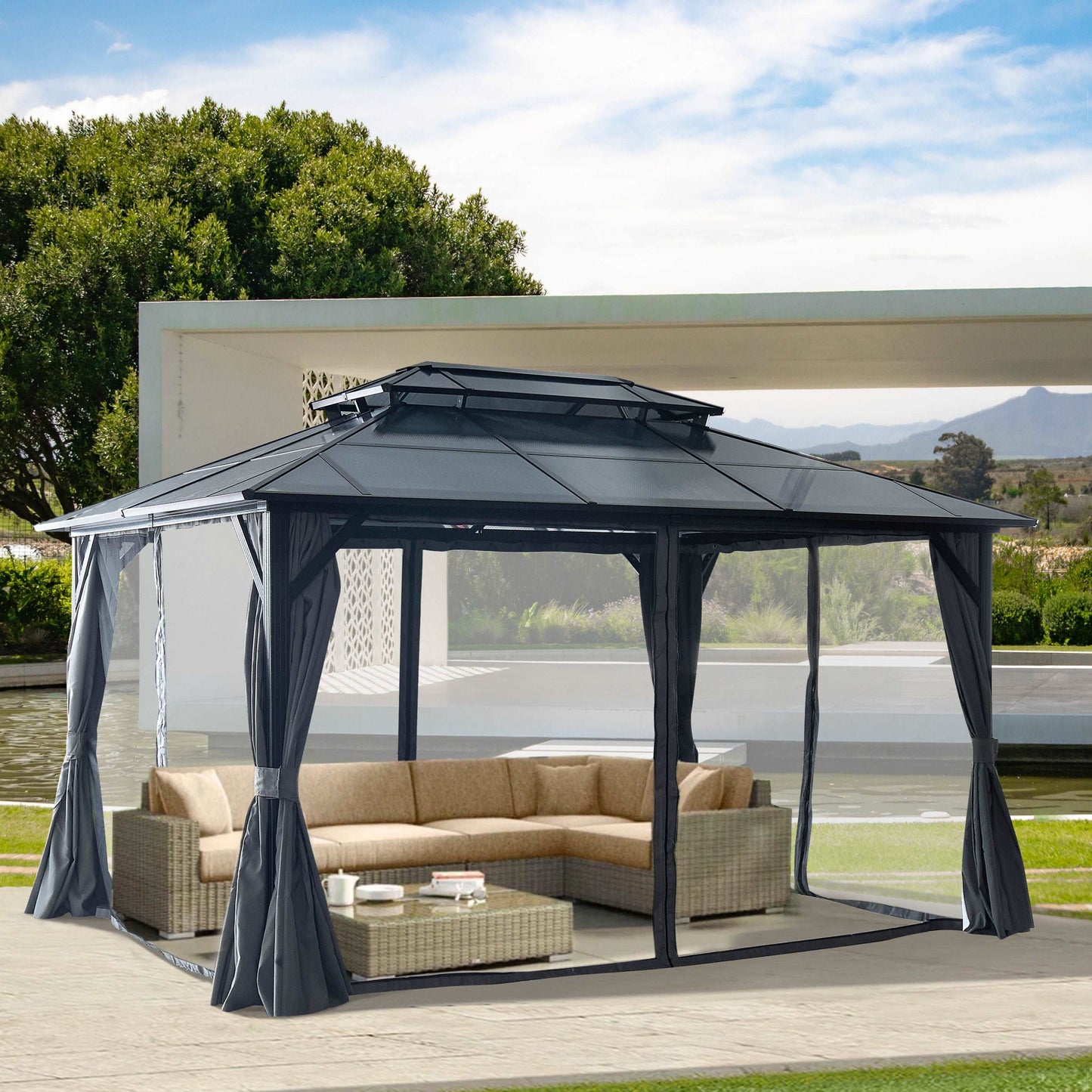 10'x13' Hardtop Gazebo, Outdoor Polycarbonate Double Roof Canopy, Aluminum Frame Permanent Pavilion with Curtains and Netting, Sunshade for Garden, Patio, Lawns - Free Shipping - Aurelia Clothing