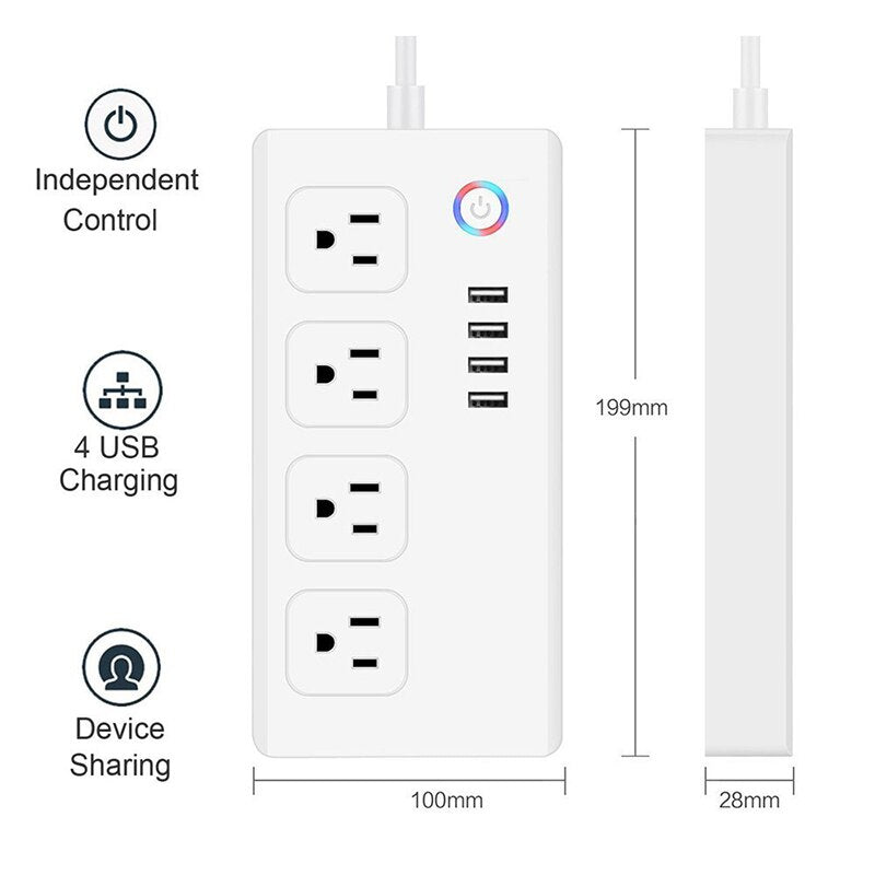 Smart Power Strip,WiFi Power Bar Multiple Outlet Extension Cord with 4 USB and 4 Individual Controlled AC Plugs by Tuya - Free Shipping - Aurelia Clothing