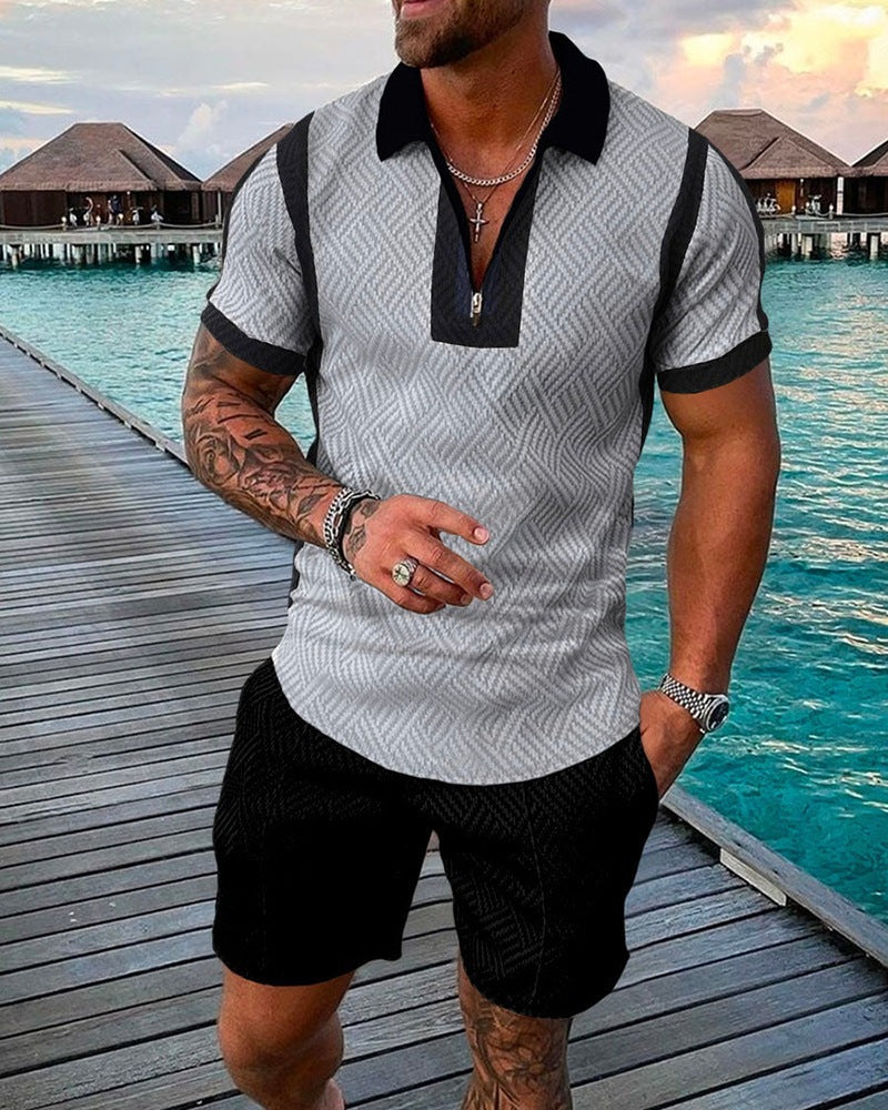 New Men's Fashion Casual Suit 3D Print Zip Short Sleeve Polo Shirt Shorts 2 Piece Set - Free Shipping - Aurelia Clothing