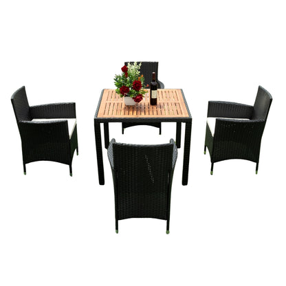 EELIFEE 5 piece Outdoor Patio Wicker Dining Set Patio Wicker Furniture Dining Set w/Acacia Wood Top Black Wicker + Creme Cushion - Free Shipping - Aurelia Clothing