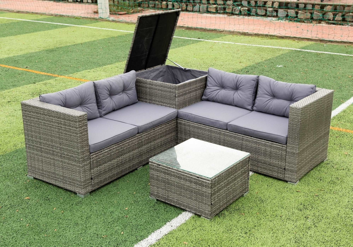 4 Piece Patio Sectional Wicker Rattan Outdoor Furniture Sofa Set with Storage Box Grey - Free Shipping - Aurelia Clothing