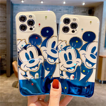 Blue light black-and-white Mickey is suitable for iPhone 12 / 11promax mobile phone case with flash drill and glue dropping - Free Shipping - Aurelia Clothing