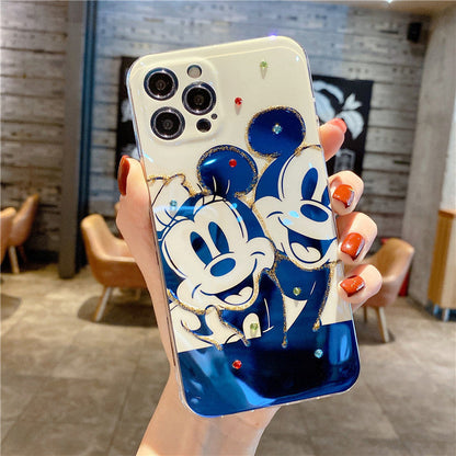 Blue light black-and-white Mickey is suitable for iPhone 12 / 11promax mobile phone case with flash drill and glue dropping - Free Shipping - Aurelia Clothing