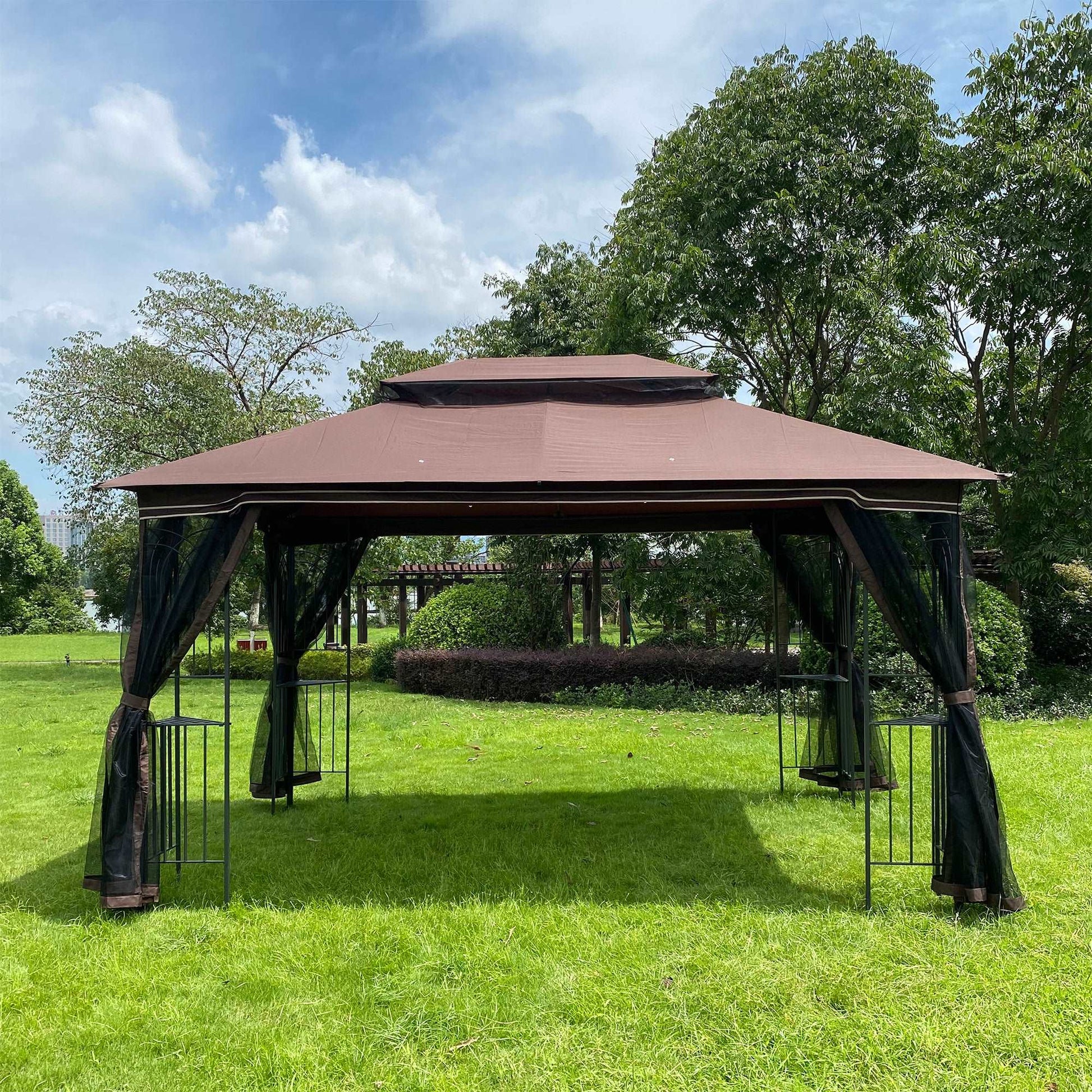 13x10 Outdoor Patio Gazebo Canopy Tent With Ventilated Double Roof And Mosquito net(Detachable Mesh Screen On All Sides),Suitable for Lawn, Garden, Backyard and Deck,Brown Top - Free Shipping - Aurelia Clothing