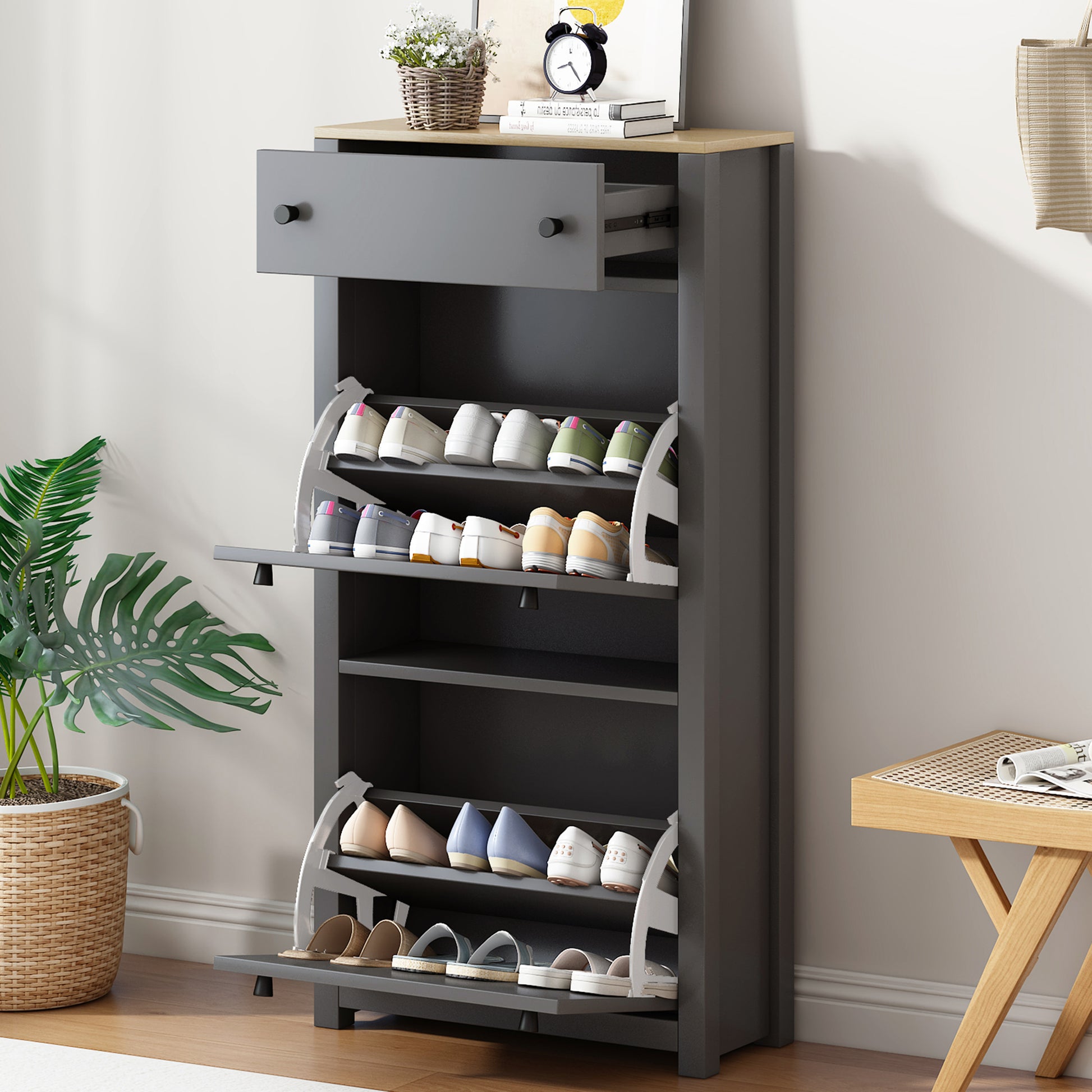 ONTREND functional with 2 flipped drawers, top shoe cabinet with adjustable panel, independent shoe rack, gray - Free Shipping - Aurelia Clothing