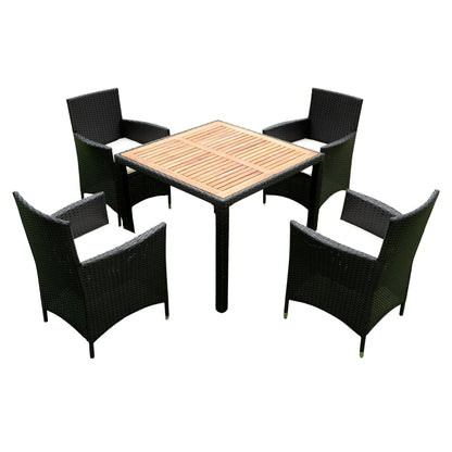 EELIFEE 5 piece Outdoor Patio Wicker Dining Set Patio Wicker Furniture Dining Set w/Acacia Wood Top Black Wicker + Creme Cushion - Free Shipping - Aurelia Clothing