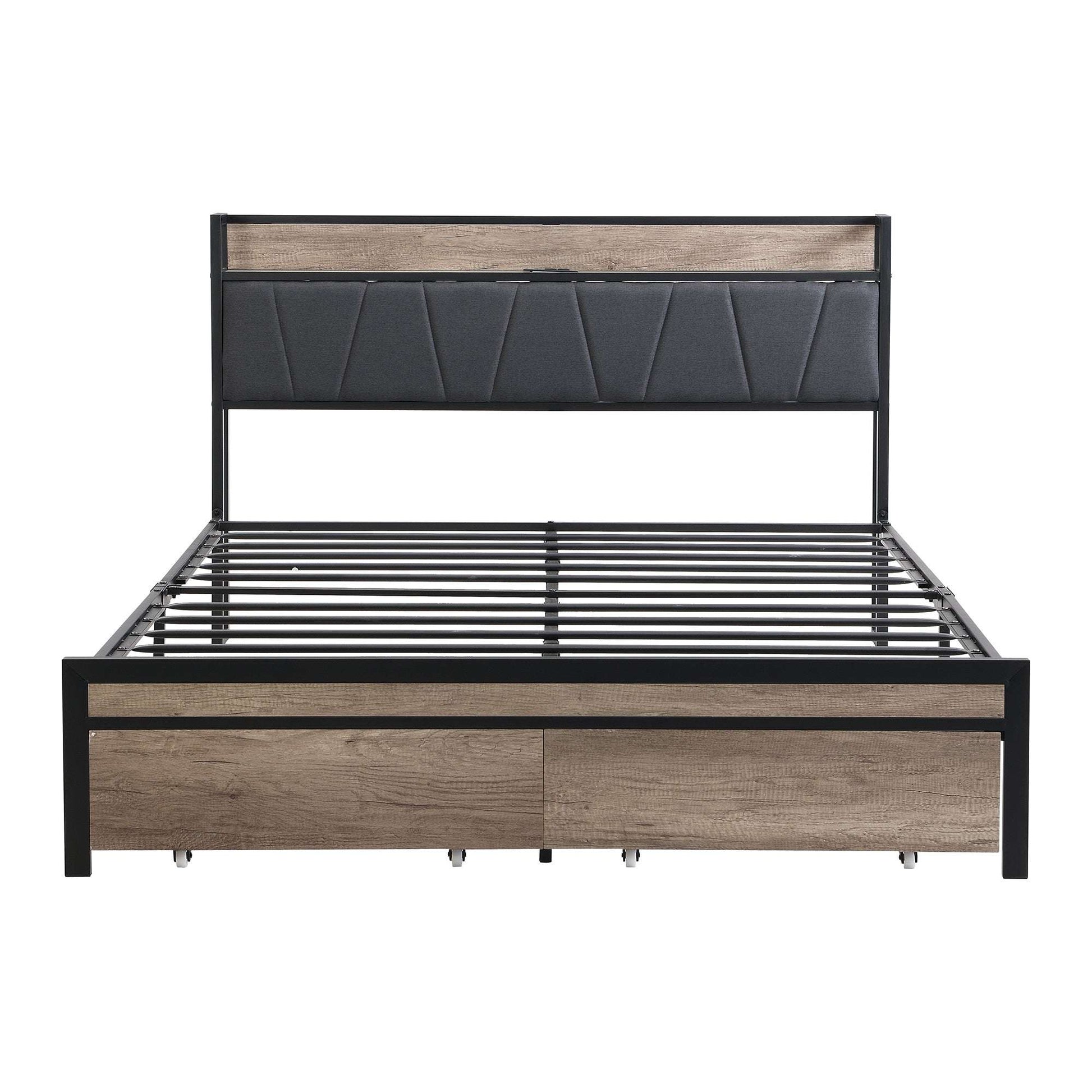 Queen Size  Metal Platform Bed Frame with upholstery storage function Headboard   and USB LINER  and Footboard with drawers , No Box Spring Needed, Large Under Bed Storage, Easy Assemble - Fr - Aurelia Clothing