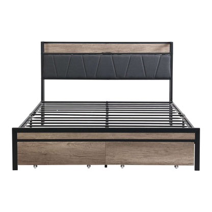 Queen Size  Metal Platform Bed Frame with upholstery storage function Headboard   and USB LINER  and Footboard with drawers , No Box Spring Needed, Large Under Bed Storage, Easy Assemble - Fr - Aurelia Clothing