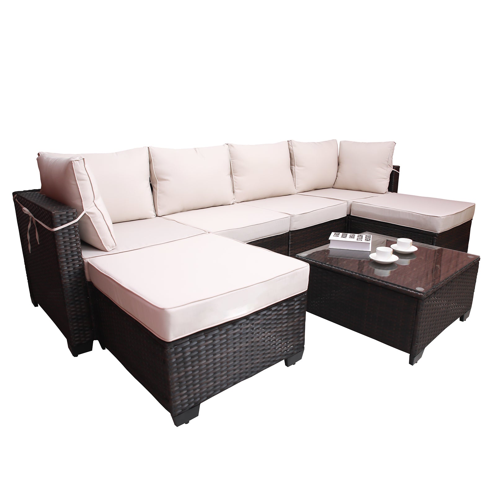 Outdoor Garden Patio Furniture 7-Piece PE Rattan Wicker Cushioned Sofa Sets  and Coffee Table, patio furniture set;outdoor couch;outdoor couch patio furniture;outdoor sofa;patio couch - Free  - Aurelia Clothing