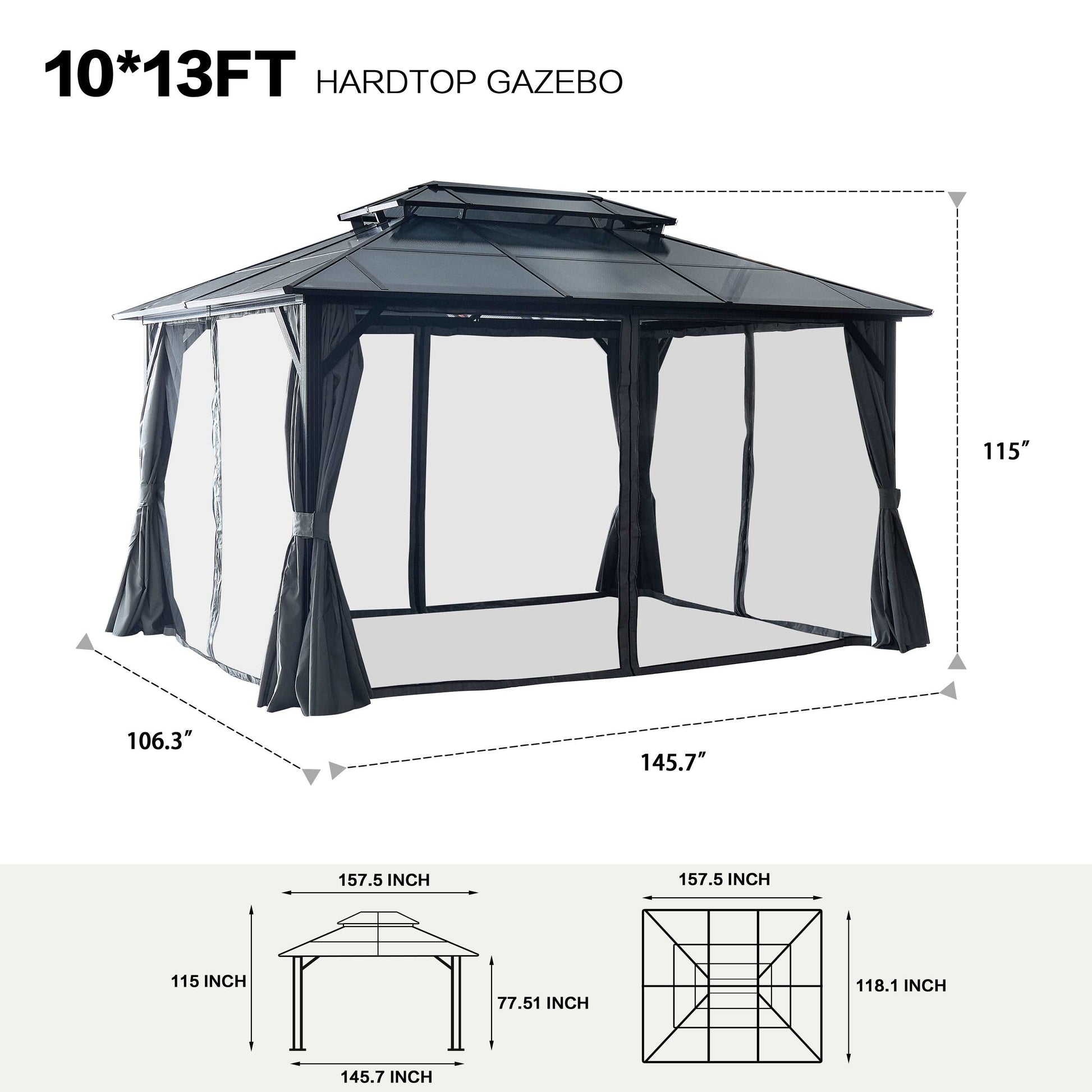 10'x13' Hardtop Gazebo, Outdoor Polycarbonate Double Roof Canopy, Aluminum Frame Permanent Pavilion with Curtains and Netting, Sunshade for Garden, Patio, Lawns - Free Shipping - Aurelia Clothing