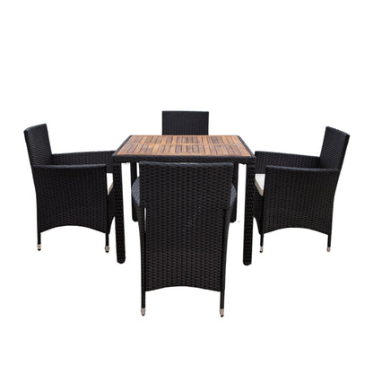 EELIFEE 5 piece Outdoor Patio Wicker Dining Set Patio Wicker Furniture Dining Set w/Acacia Wood Top Black Wicker + Creme Cushion - Free Shipping - Aurelia Clothing