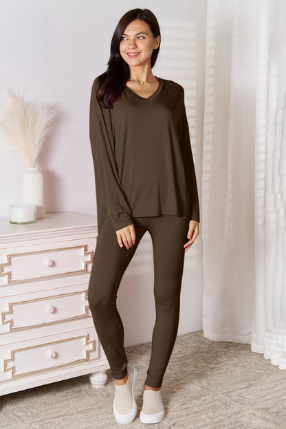 Basic Bae Bamboo Full Size V-Neck Long Sleeve Top and Pants Lounge Set - Free Shipping - Aurelia Clothing